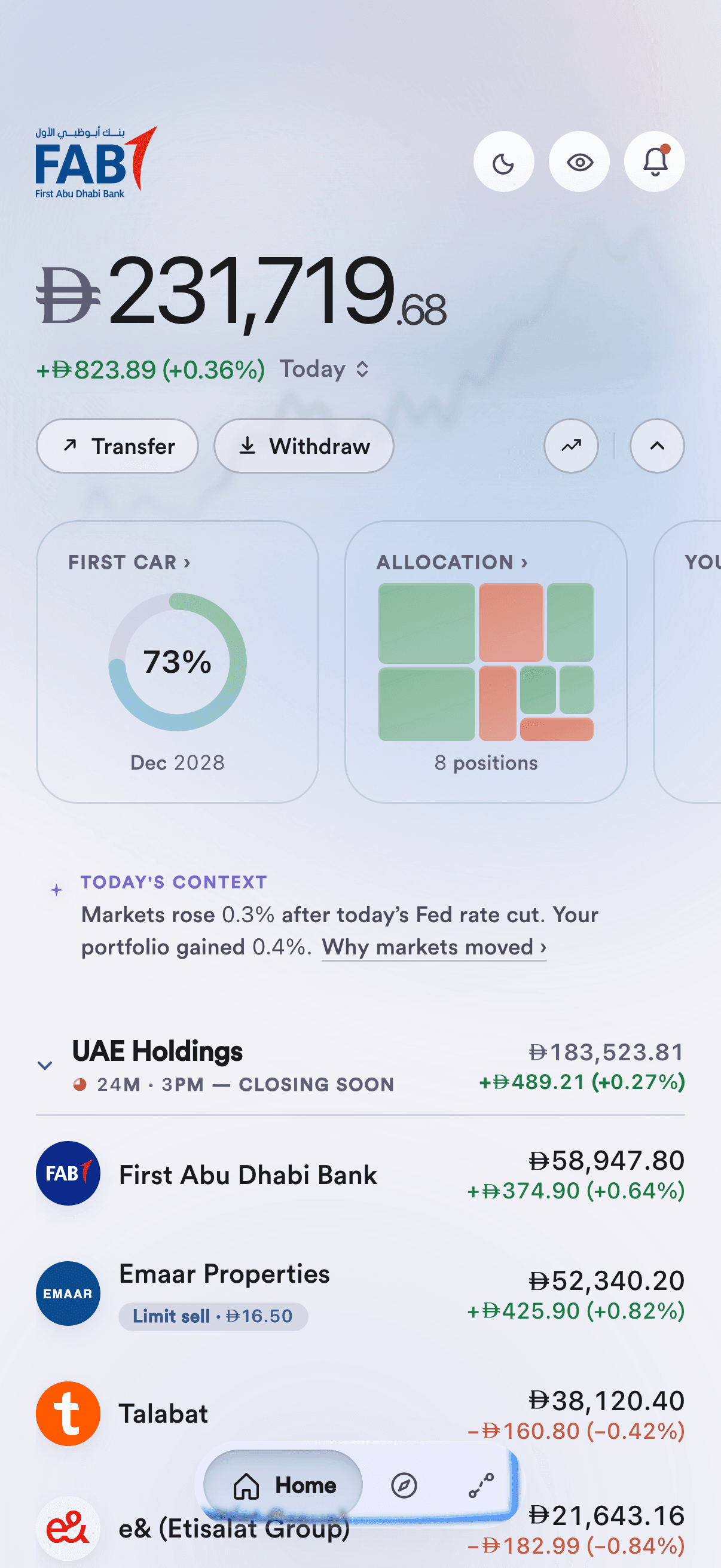 FAB Securities konsept ekranları (kurgusal veriler)
