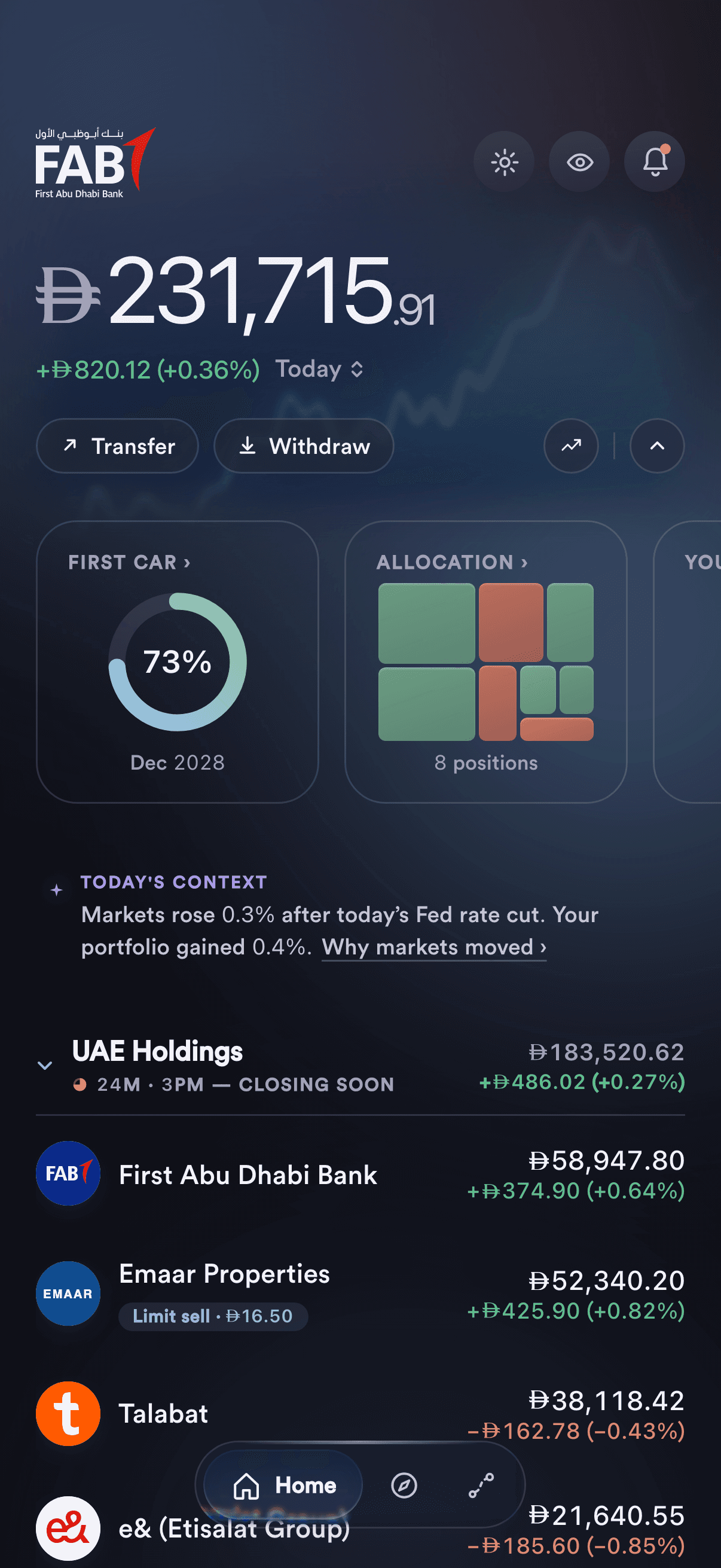 FAB Securities yatırım uygulaması konsepti ekranları