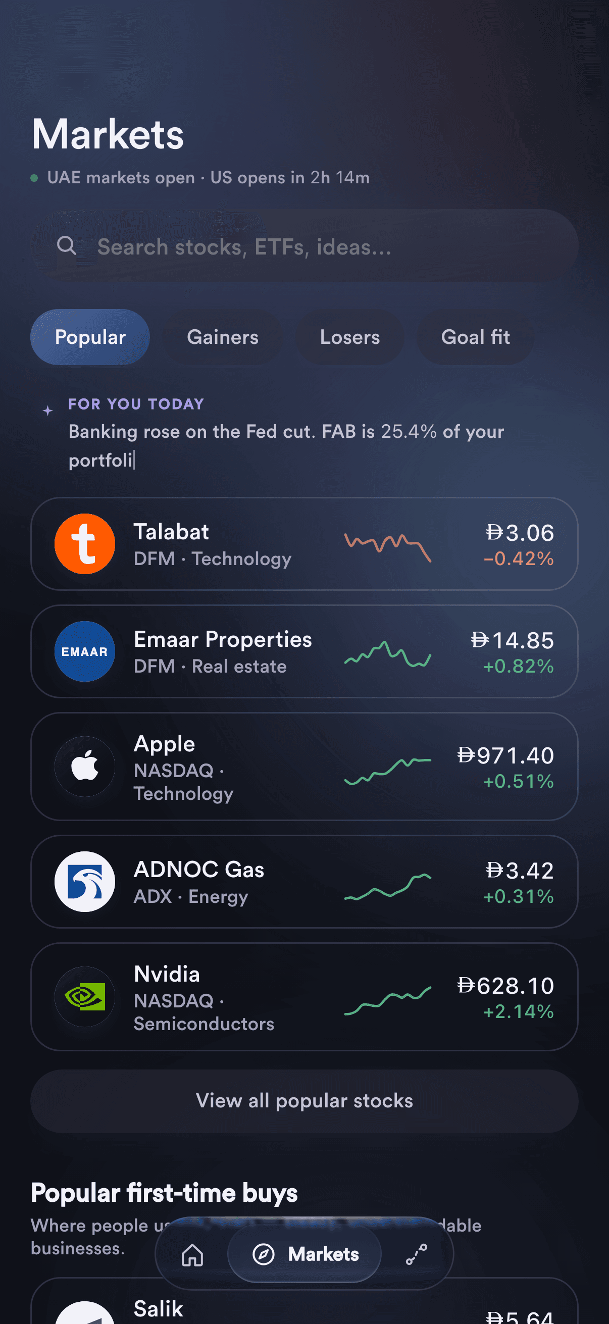 FAB Securities konsept ekranları (kurgusal veriler)
